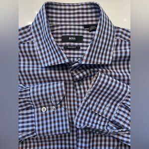Hugo Boss - all cotton brown/ blue gingham pattern shirt Size 42 (16.5”neck)